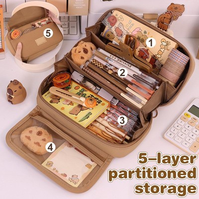 Large Capacity Multi-layers Pen Bag Cute Capybara Pencil Case Zipper Organizer
