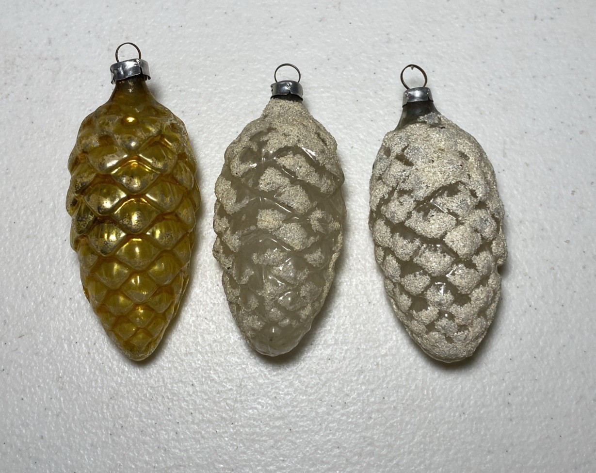 3 Vintage Germany Glass Pine Cone Christmas Ornaments