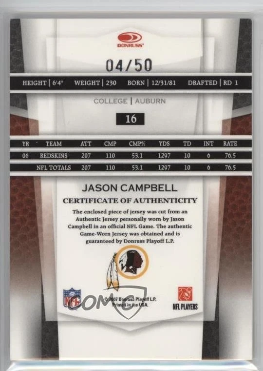 2007 Leaf Certified Materials Mirror Blue Materials /50 Jason Campbell #16 - Image 2 of 2