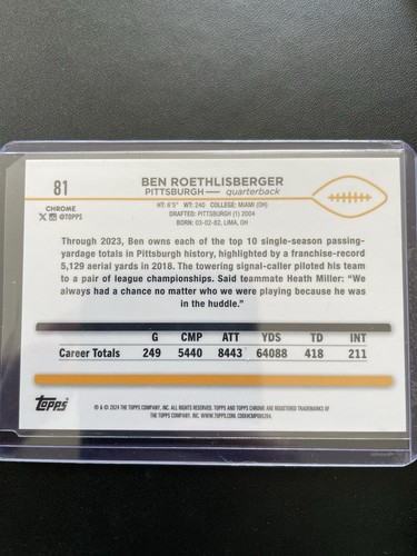 2024 Ben Roethlisberger Green Camouflage Topps Chrome SSP #81 - Bild 4 von 4