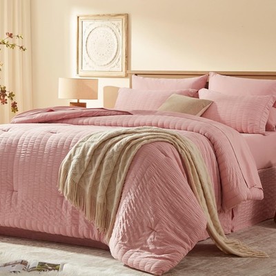 Queen Size 7-Piece Bedding Set, Pink Corduroy Bedding Set
