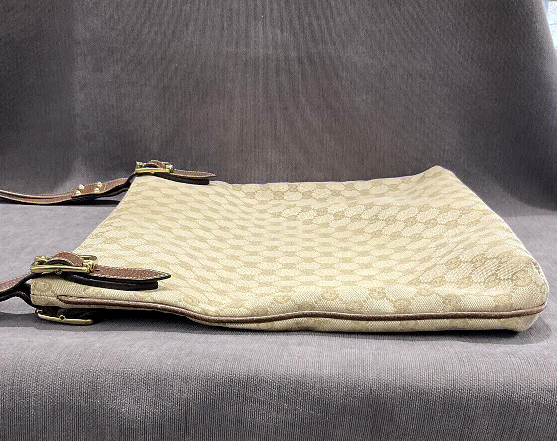 GUCCI GG Monogram Beige Canvas & Brown Leather Unisex Large GUCCI GG Monogram Beige Canvas & Brown Leather Unisex Large