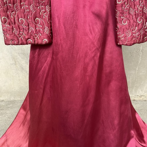 Vintage 1930s 1940s Red Wine Rayon Satin Robe Dress Heart Pocket Embroidered - Picture 8 of 11