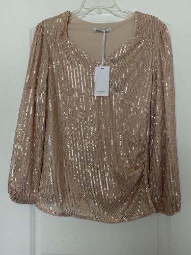 NWT GRACE KARIN Women's Sequined Long Sleeve Square V-Neck Ruched Blouse Size L - Picture 3 of 8