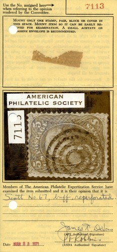 US 67 5c 1861 Thomas Jefferson Buff APS cert fine used target cancel - Bild 3 von 3