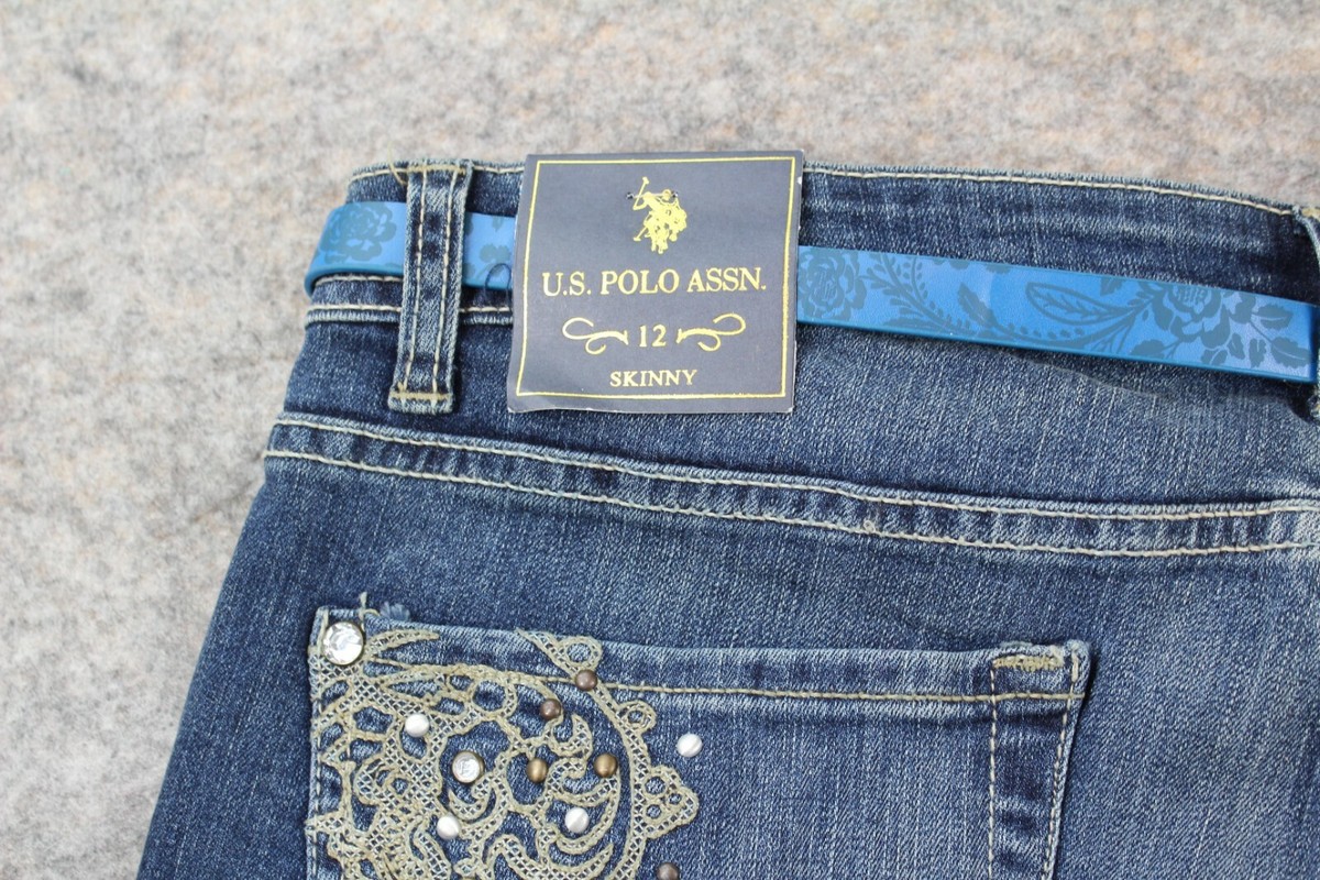 US Polo Assn Jeans Size 12 Womens Belted Lace Rhinestone