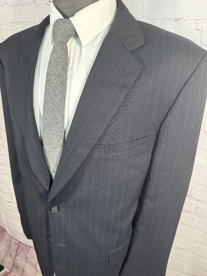 JEFFREY BANKS Mens Navy Blue Pinstripe Pleated 2pc Suit 44R Jacket 36x32 Pant - Image 3 of 4