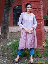 Choco Anisa Modal Hand Embroidered Chikankari A-Line Kurti Lucknowi Chikankari