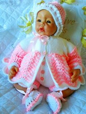 Baby Knitting Pattern DK Coat Shoes Leggings Bonnet 17-22" Dolls 0-3 Month Baby
