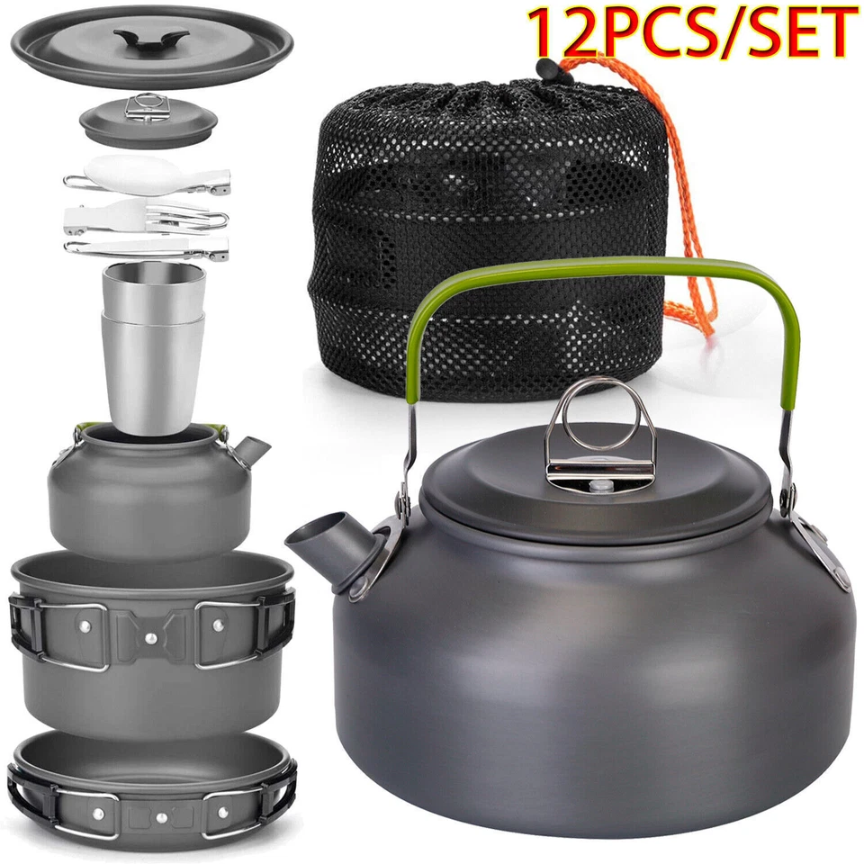 12PCS Portable Camping Cookware Set Aluminum Pot Pans Kit for Hiking Picnic