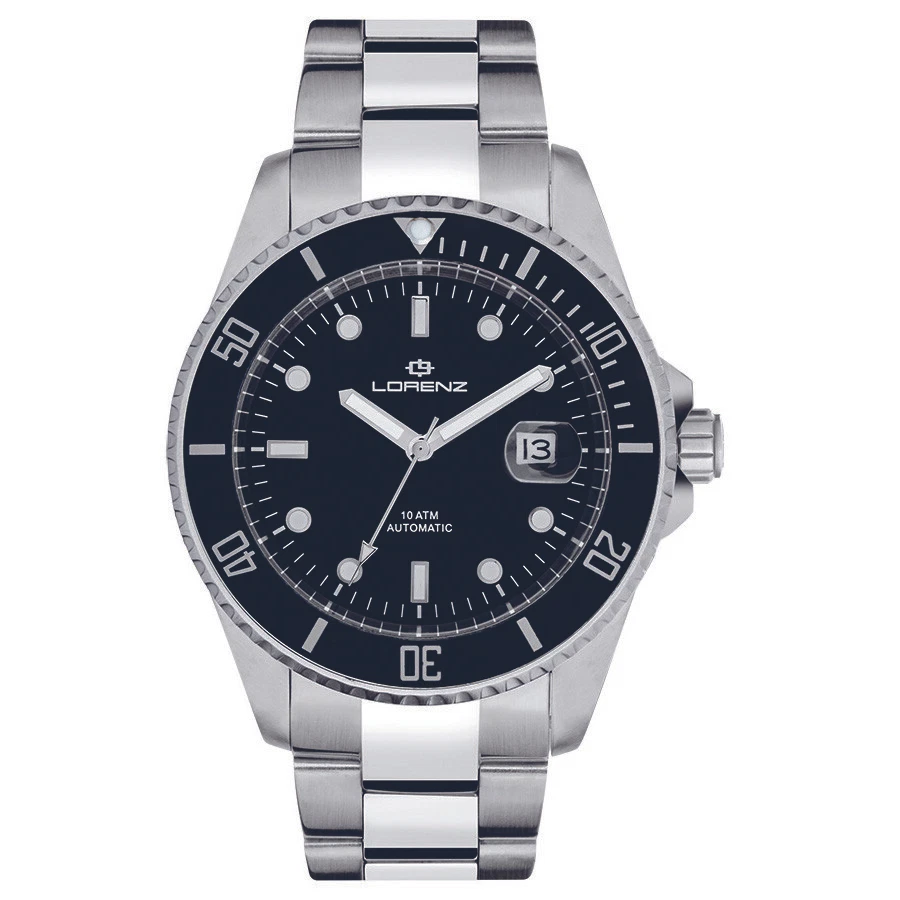 Orologio Automatico LORENZ 026959AA Bracciale Acciaio Nero Uomo Sub 100mt