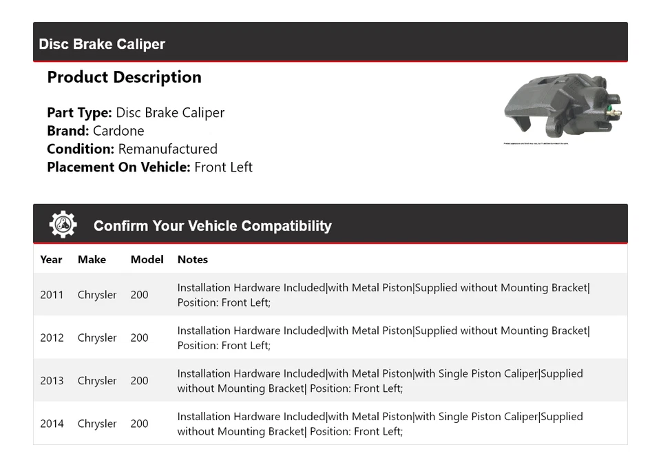 Штангенциркуль переднего левого дискового тормоза Chrysler 200 2012 2013 годов выпуска для 2011-2014 годов выпуска - Изображение 2 из 4