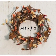 NEW Primitive Pumpkin Spice Berry Wreaths Candle Rings 2pcs Stars 2" Pip Fall