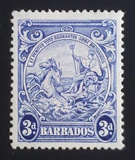 BARBADOS. GVI. 1947. ERROR! 3d blue "vertical line over horse's head. Fine mint.