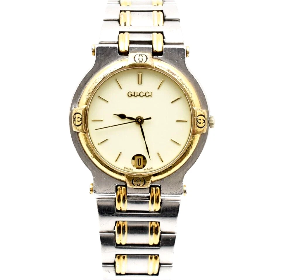 【Exc+5】 GUCCI 9000M Blanc OR ARGENT DATE Quartz Homme VINTAGE Du JAPON
