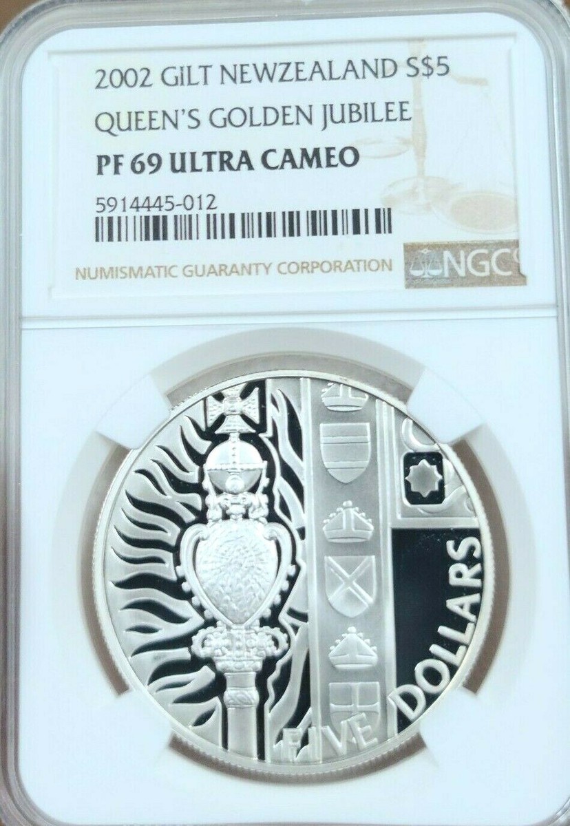 2002 NEW ZEALAND SILVER 5 DOLLARS QUEENS GOLDEN JUBILEE NGC PF 69