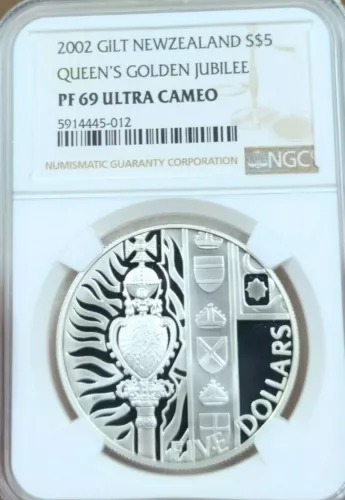 2002 NEW ZEALAND SILVER 5 DOLLARS QUEENS GOLDEN JUBILEE NGC PF 69 ULTRA CAMEO
