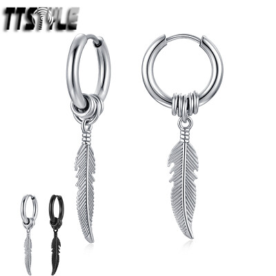 TTStyle Stainless Steel Hoop Feather Dangle Earrings 2 Colours NEW