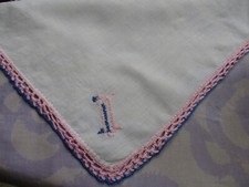 Vintage White Hand Monogrammed "I" Handkerchief in Blue Pink. Crocheted Border