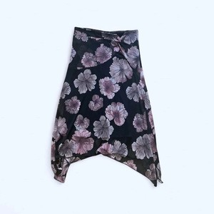 90s Paper Doll Black Pink Floral Asymmetrical Midi Skirt Chiffon Small