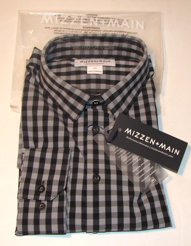 Men's MIZZEN + MAIN Leeward Button Up SHIRT Black & Gray Check SIZE Large *NWT*