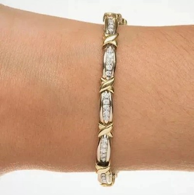 2.CT Round Lab created Diamond ''X'' link tennis Bracelet 14K Two Tone Gold Plated