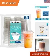16 oz Clear Disposable Plastic Cups with Strawless Sip Lids, 100 Pack Clear P...