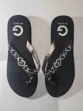 G by GUESS Black Thong Sandals with Rinestone Heart Accents