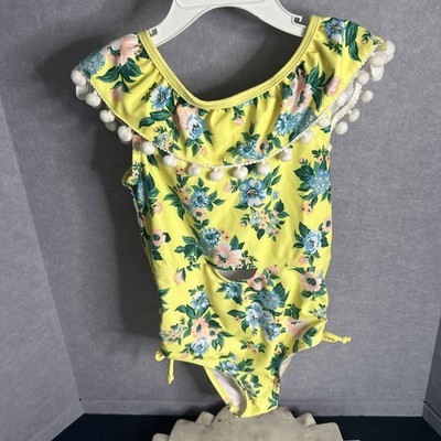 NWT Nicole Miller Girls One Piece Swimsuit - Size 6X - Yellow Floral Pom Poms