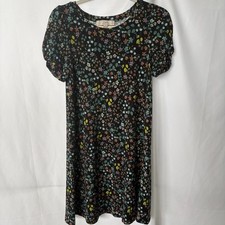 LOFT Floral Swing Dress, XS Petite, Floral pattern on black background. 