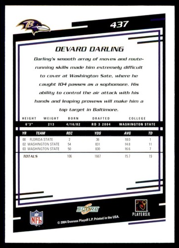 2004 Score Devard Darling RC Baltimore Ravens #437 - Picture 2 of 2