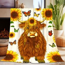 Highland Cow Blanket, Funny Sunflower Cute Highlander Cows Themed Blanket Gif...