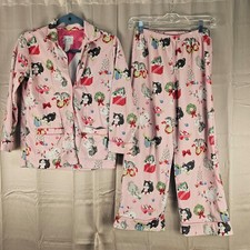 Nick Nora Girls Pink Christmas Kitten Flannel Pajamas Large 10 12