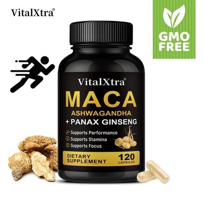 Maca+Ashwagandh+ Panax Ginsen Supports Performance Stamina Focus 120 Capsules