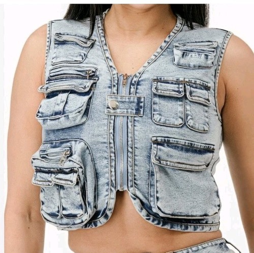 Chaleco de mezclilla Kroix Classics vintage lavado de varios bolsillos para mujer talla M corto - Imagen 8 de 8