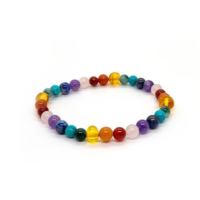 Baltic Amber Teen Adult Bracelet Rainbow Honey Amber Pink Rose Quartz Stretch