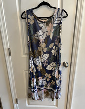 LOFT Women's Blue Floral Tropical Shift Dress Round Neck Sleeveless Knit S