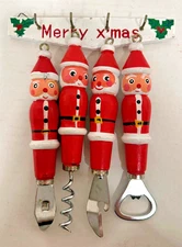 Vintage Japan Wood Hand Painted Santa Bar Set Bottle Openers Corkscrews MCM