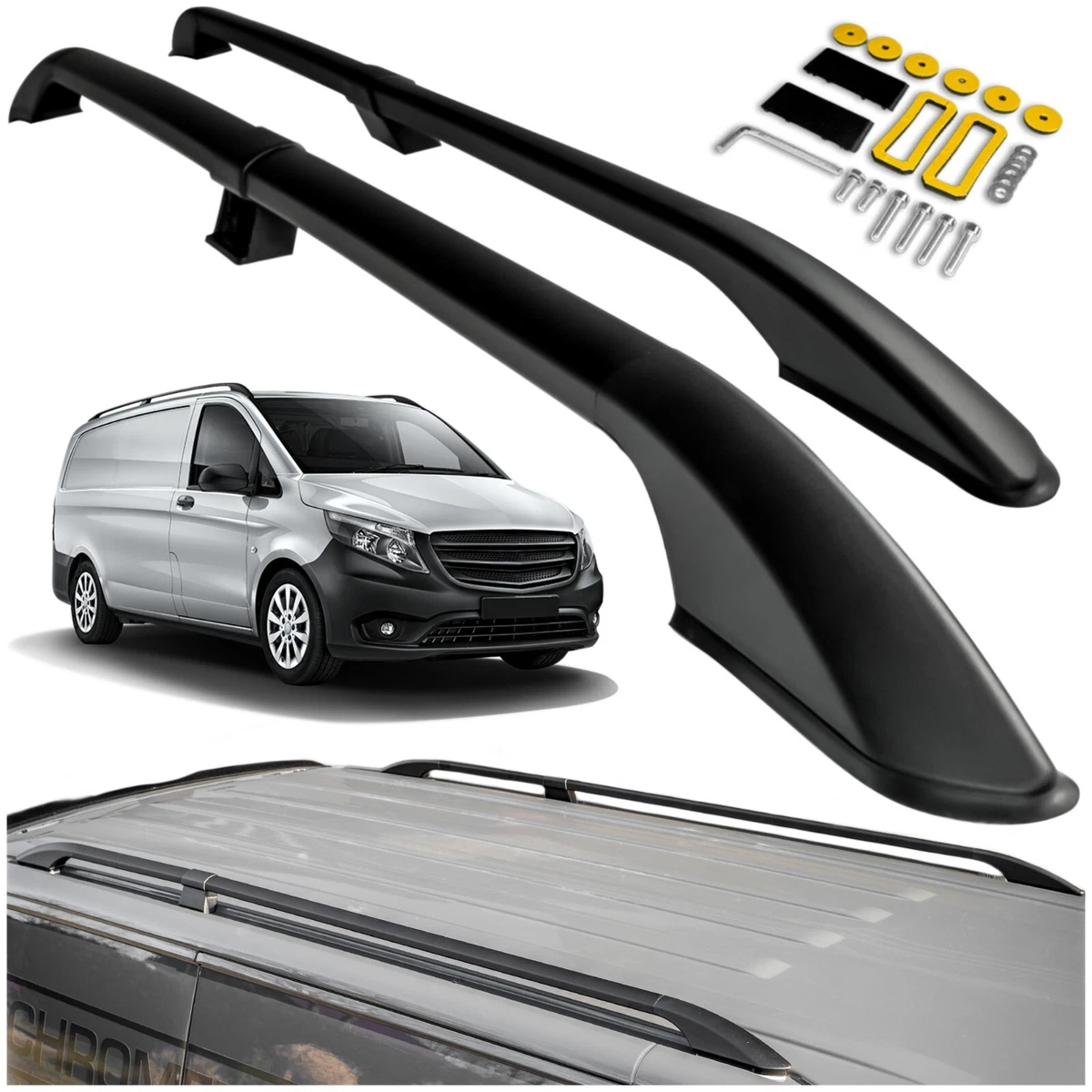 RE&AR Tuning FLY Model Dakdrager bagagedrager compatibel met Mercedes Vito 3 (W447) 2014-2025 Spoorstaven Zwart Aluminium 2 Staven
