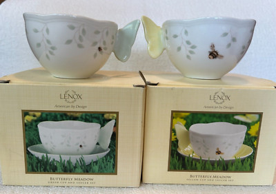 (2)  Lenox Teacup Butterfly Meadow Handle Coffee Cup Mug  w/ a Bumble Bee