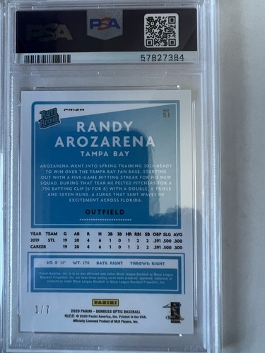 2020 DONRUSS OPTIC DONRUSS BLUE CRACKED ICE RANDY AROZARENA #1/7 - Picture 2 of 2
