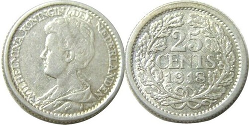 elf Netherlands 25 Cents 1918 Silver World War I