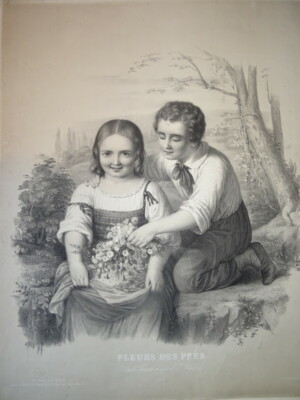 Emma WALTER (Act.1855-1891) GROSSE GRAVUR KINDERSZENE BLUMENKIND 1860