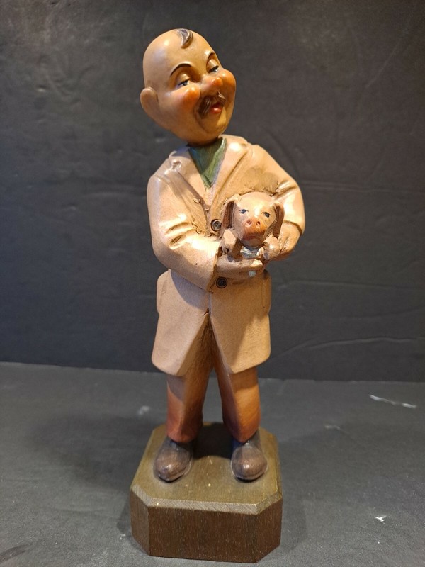 Vintage ANRI Italy Fine Carved Wood Figurine Veterinarian Holding Pig 1960s