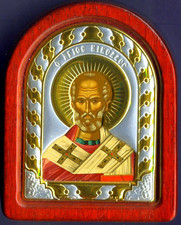 RELIGIÖSE IKONE AUS OLIVENHOLZ, SILBER 925+GOLD „St. Nikolaus“ aus dem...