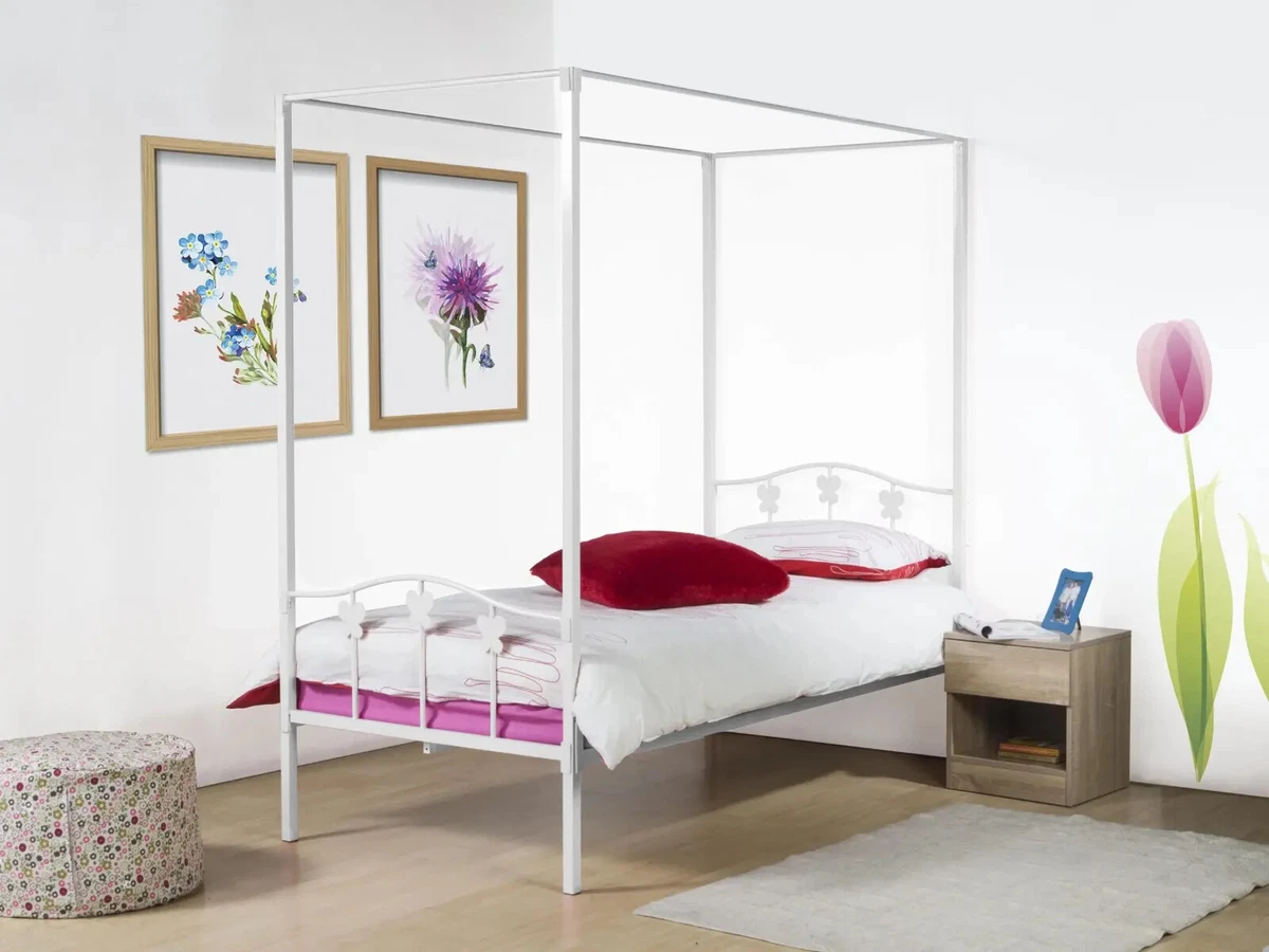 WHITE METAL BED 4 POSTER 3FT SINGLE LYNDSEY BED PLUS DRAPES MEMORY FOAM MATTRESS