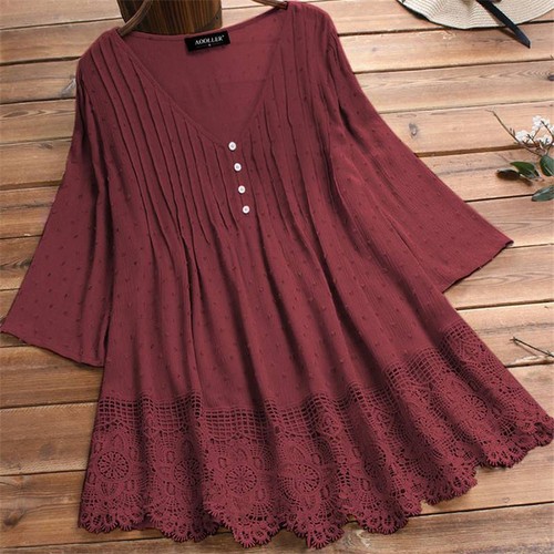 Blusa Cuello en V Encaje Manga Larga Verano Suelta Prendas para el torso Pullover Camiseta Para Mujer - Imagen 22 de 23