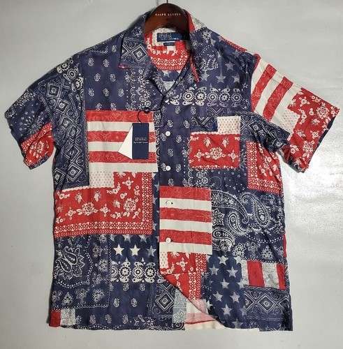 Men's Polo Ralph Lauren Classic Fit Patchwork US Flag Bandana Camp Shirt New - Picture 2 of 11