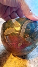 Gorgeous Signed Raku Pottery Pot Studio Art Glazed Oranges Greens Primative Type