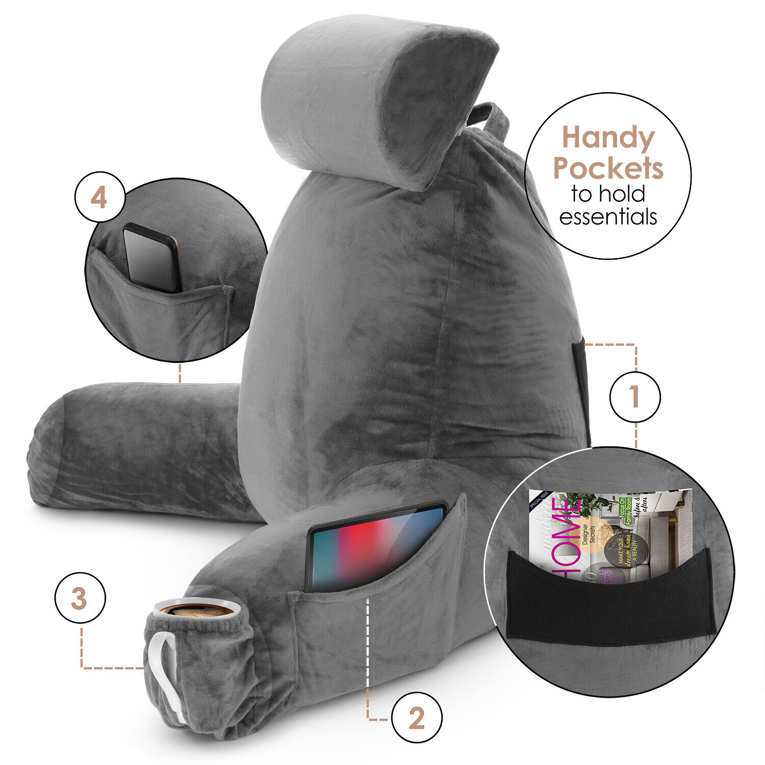 Large Soft Foam Reading & TV Relax Pillow + 2 Neck & Lumbar Pillows with Pockets - Picture 37 of 357